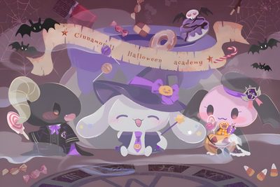 three cartoon characters dressed up as witches and bats in front of a sign that says halloween Cinnamoroll Halloween Ipad Cinnamoroll Halloween Pfp, Cinnamoroll Halloween, Sanrio Halloween Laptop, gray