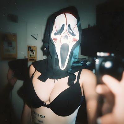 a woman wearing a mask and bra is taking a selfie with her cell phone Hot Halloween Ghost Face Pfp, Pretty Halloween, Cute Funny Pics, Step Up Dance, Boy Poses, dark slate gray