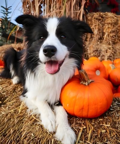 a black and white dog laying on hay next to pumpkins Halloween Border Collie Border Collie Halloween, Halloween Border Collie, Border Collie Halloween Background, sienna