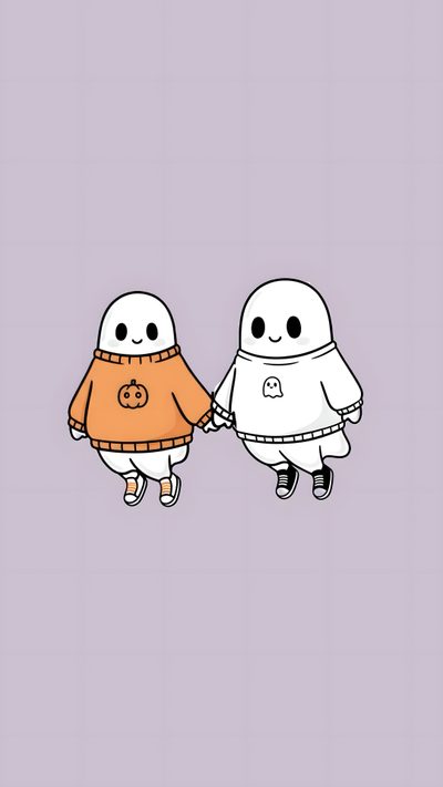 two cartoon characters holding hands with each other on a purple background, one is wearing an orange sweater and the other has a white ghost Cute Halloween Boo Bestie Designer, Matching Halloween Backgrounds For Best Friends, Holiday, Ghost, thistle