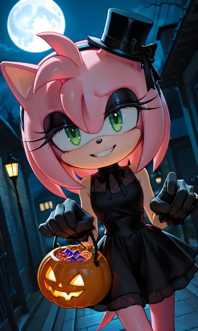 a cartoon character dressed up as a cat holding a pumpkin Amy Rose Halloween Sonic Adventure, Sonic The Hedgehog Halloween Art, Halloween Sonic, dark slate gray