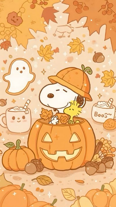 a cartoon dog in a pumpkin costume surrounded by autumn leaves Peanuts Halloween With Pumpkins October, Pumpkin, Image Halloween, Halloween Iphone Backgrounds, sandy brown