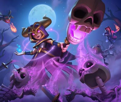 an animated character holding a glowing skull in front of a full moon filled night sky Clash Royale Halloween Night Witch Clash Royale, Clash Royale Witch Card Artwork, Gaming Banner, dark slate blue