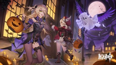 two anime characters standing in front of a building with pumpkins and ghost's Halloween Genshin Fischl Official Art, Genshin Official Twitter, Fischl Birthday Art 2024, dark olive green