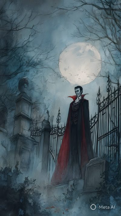 a painting of a dracula standing in front of a cemetery Dracula Halloween Fan Art, Cartoon Art, Tim Burton, Dracula, Vampire Fanart, Mystery Books, dark slate gray