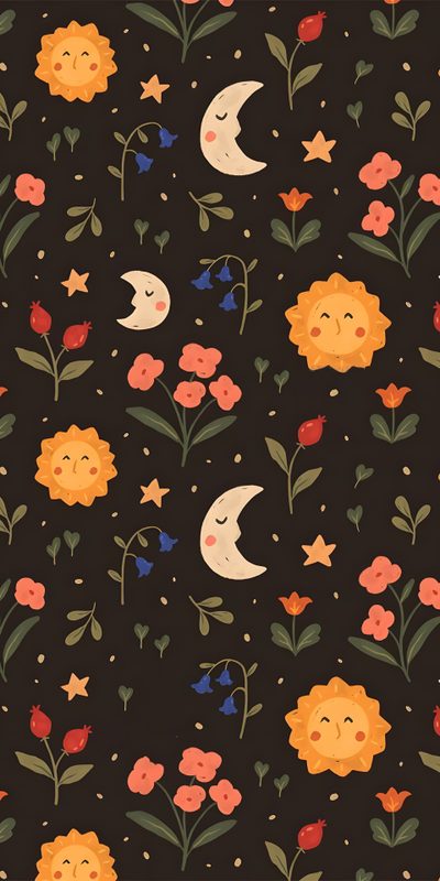 a black background with flowers, stars and moon faces on it's sides in various colors Halloween Sun Pattern Sun And Moon Pattern, Moon And Floral Pattern, Floral Sun And Moon Pattern, black