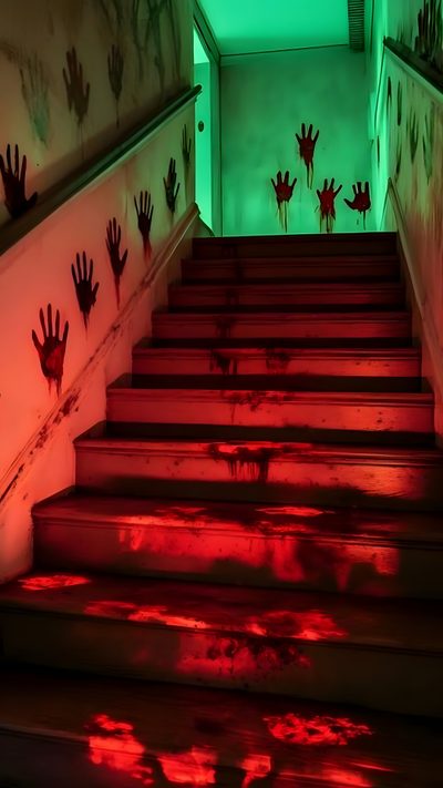 red hand prints on the steps leading up to a green light Halloween Hallway Zombie Haunted House, Zombie Theme Halloween Party, Scary Halloween Hallway, black