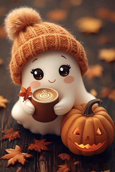 a cute little white ghost holding a cup of coffee with a pumpkin on the ground Cute Funny Halloween Fall Ghost, Cute Halloween Pictures, Color Splash Purple, Autumn Phone, saddle brown