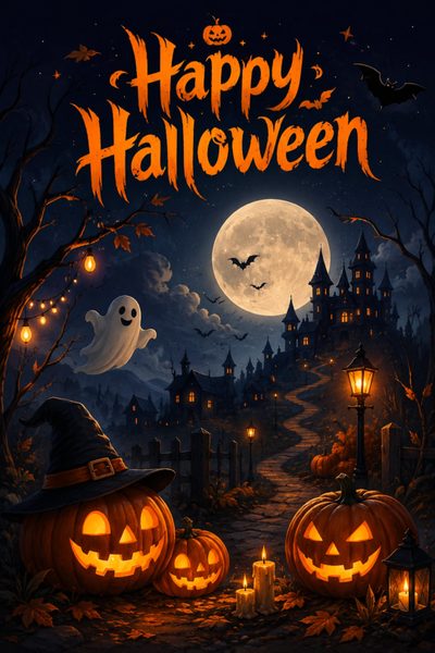 a halloween scene with pumpkins and jack o lanterns Happy Halloween Spirit Halloween Happy Halloween Pictures, Night Illustration, Spooky Trees, black