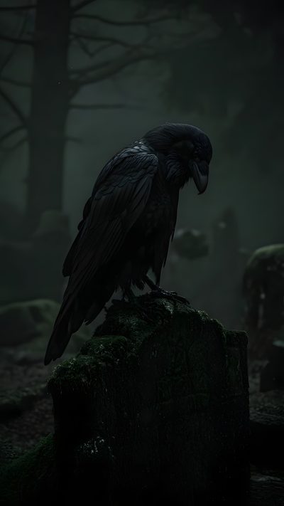 a large black bird perched on top of a moss covered rock in the dark forest Halloween Raven Gothic, Dark Fantasy Artwork, Jrr Tolkien, Dark Nature Aesthetic, Gothic Aesthetic, black