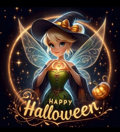 a cartoon character wearing a witches hat and holding a pumpkin with the words happy halloween on it Tinkerbell Halloween Tinkerbell Thanksgiving, Happy Halloween Disney Characters, Disney Happy Halloween, black