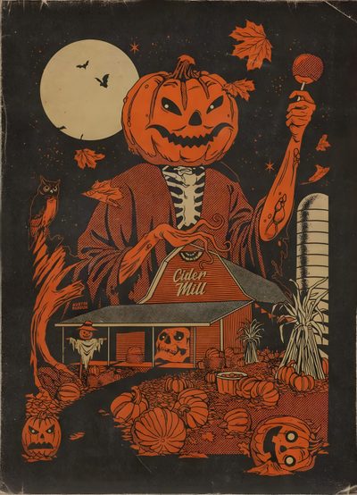 an orange and black halloween card with a skeleton holding a jack - o'- lantern 70s Halloween Halloween Aesthetic Vintage, Spooky Season Retro Halloween Pumpkin, Vintage Spooky Posters, dark slate gray