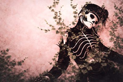 a painting of a skeleton with vines on it's face and arms, holding onto a branch Mcr Halloween Mcr Pro Rev, My Chemical Romance Skeleton, Emo Pc, Frank Iero Icons, Mcr Keyboard, rosy brown