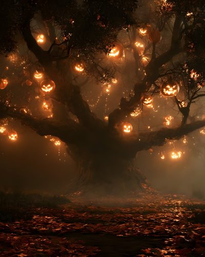 a tree with lots of pumpkins hanging from it's branches in the fog Halloween Tree Halloween, black