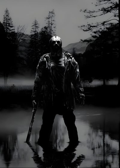 a man standing in the water holding a baseball bat and wearing a mask with trees in the background Halloween Jason Voorhees Jason Voorhees Iphone, Jason Voorhees Black And White, Jason Horror,
