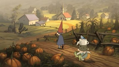 an animated image of two people walking down a road with pumpkins in the background Halloween Over The Garden Wall Over The Garden Wall Background, Over The Garden Wall Desktop, Over The Garden Wall Iphone, sienna
