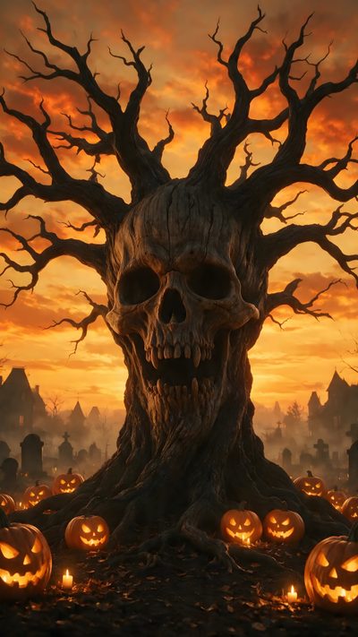 a creepy tree with pumpkins in front of it Halloween Tree Fantasy Theme, Sunset Sky, Spooky Halloween, Jack O Lantern, Dark Fantasy, saddle brown