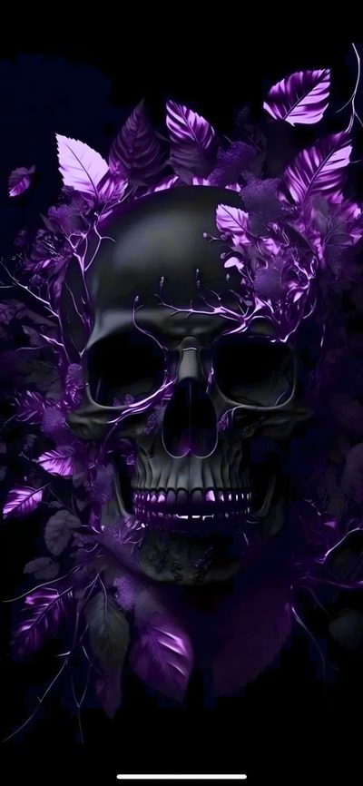 a skull surrounded by purple flowers and leaves Halloween Skull Purple Custom Dark Floral Skull Design, Gothic Home Decor Inspiration, Gothic Purple Skull Art, black