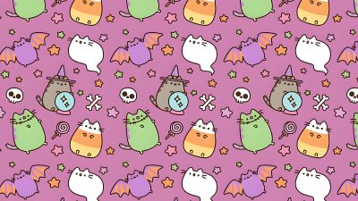 many cats and stars on a pink background Desktop Pusheen Halloween Cute Halloween Computer, Fun Laptop, Pusheen Ipad, pale violet red