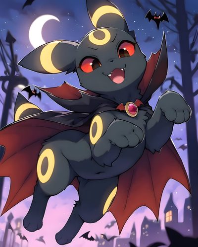 a cartoon character flying through the air in front of a full moon and bats background Halloween Umbreon Cute Bat-like Creature In Halloween Scene, Halloween Cartoon Art, Halloween Costume Inspiration, dark slate gray