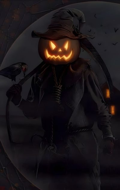 a scarecrow holding a crow in front of a full moon with bats and pumpkins on it Halloween Watch Your Back Scary Halloween Iphone, Halloween Scary, Scarecrow Reaper, Marduk Band, black