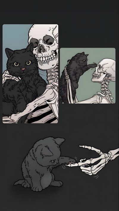 three different pictures of skeletons and cats with one skeleton holding the other's hand Kitty Skeleton Halloween Cats Skeleton Holding Cat, Cute Cat Skeleton, Cat Skeleton Background, dark slate gray