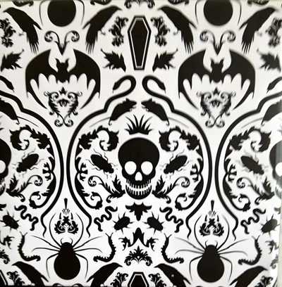 a black and white wallpaper with skulls, bats and flowers on it's side Halloween Dollhouse Gothic Damask Print, Halloween Damask Print, Free Damask Pattern, Damask Design, silver