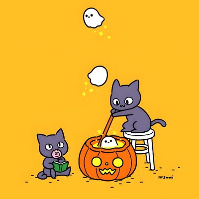 two cats are sitting in front of a pumpkin Kawaii Halloween Gif Cute Character Animation, Cats Animations, Halloween Illustration Art, goldenrod