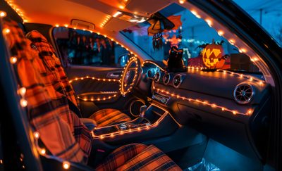the interior of a car decorated for halloween with lights and jack - o'- lanterns Cute Halloween For Car Seat Car Halloween Decorations, Halloween Car Decorations, Halloween Car Decor, black