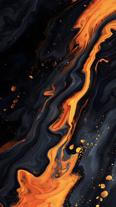 an orange and black abstract painting with gold dots on the bottom right hand corner, as if it were liquid or water Black And Gold And Orange Halloween Abstract Fire Hd, Black Orange, Black And Orange,