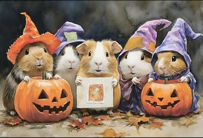 three hamsters dressed up as witches and pumpkins with jack - o'- lanterns Halloween Guinea Pig Its Fall, Halloween, sienna
