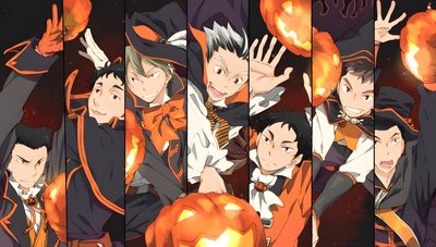an image of some anime characters with pumpkins in front of their faces and hands Haikyuu Halloween Haikyuu Pumpkin Carving, Kpdh Halloween, Hinata Halloween Fanart, dark olive green