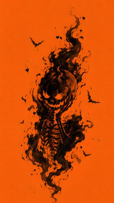 an orange background with black ink splatters and a skeleton on the bottom right corner Dope Halloween Halloween, orange red
