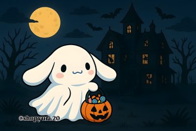 a white bunny holding a pumpkin in front of a creepy house Cinnamoroll Halloween Ipad Hello Kitty Rooms, Hello Kitty Items, Hello Kitty, Kitty, Pink, black