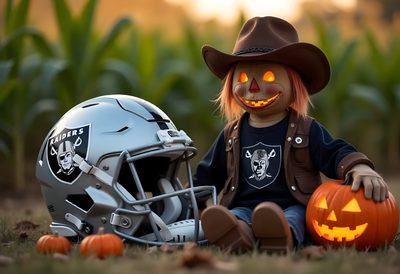 a scarecrow sitting next to a football helmet with an orange light in it's eyes Raiders Halloween Raider Pumpkin, Raider Football Pictures, Football Raiders, dark olive green