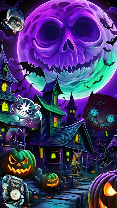 a painting of a halloween scene with pumpkins Scenecore Halloween Cool Halloween Backgrounds, Blacklight Pictures, Cool Halloween Iphone, midnight blue