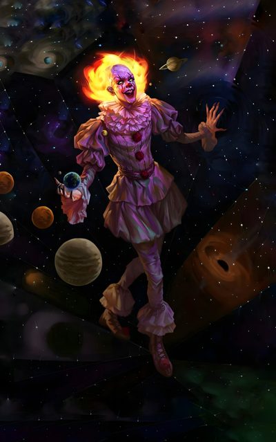 a painting of a creepy clown in outer space with planets and stars around him, holding an object Art The Clown Halloween Sif Dark Souls, Horror Photos, Clown Horror, Pennywise The Dancing Clown, black