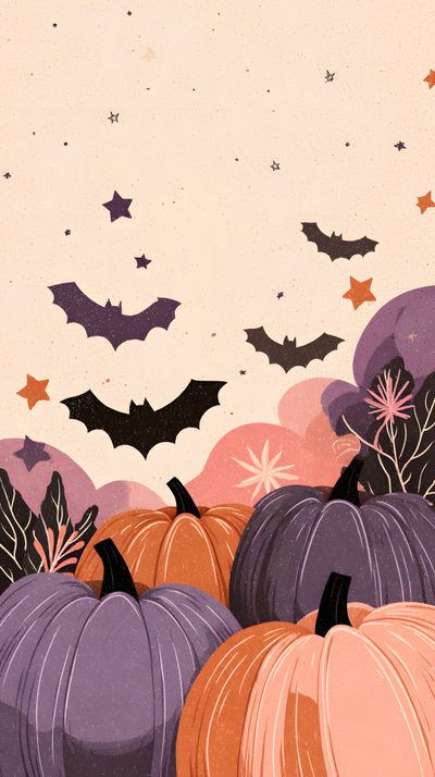 a bunch of pumpkins sitting in the grass with bats flying above them on a cloudy day Halloween Bats And Pumpkins - Lilac Ipad Background Halloween, Halloween Phone Backgrounds Fall, Halloween Ipad, light pink