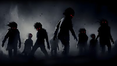 a group of zombies in the dark with red eyes Halloween Zombie Gunship Zombie Desktop, Zombie Background 4k, Zombie Halloween Background, black