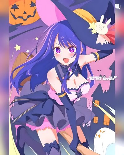 an anime character with long hair and purple hair wearing a witch costume, standing in front of a full moon Oshi No Ko Halloween Oshi No Ko Halloween, Anime Halloween Official Art, Oshi No Ko Christmas, light slate gray