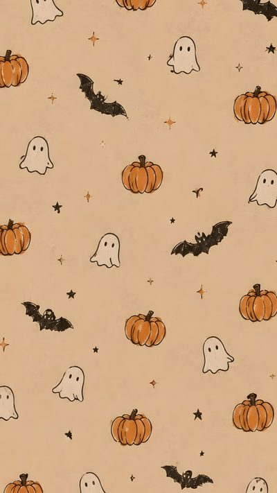 a halloween themed wallpaper with pumpkins and ghost faces on it's tan background Aesthetic Halloween Pumpkin Halloween Backgrounds Pumpkin, Iphone Halloween Aesthetic, Fall Aethstetic, tan