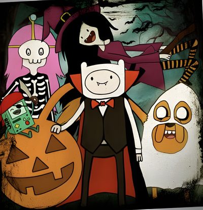 a group of cartoon characters standing next to each other in front of a halloween scene Cartoon Network Halloween Adventure Time Halloween, Adventure Time Christmas Episode, Adventure Time 3d Episode, saddle brown