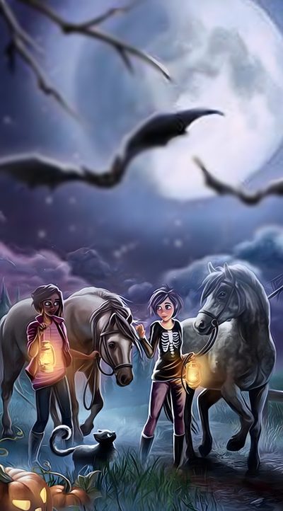 two people standing next to horses in front of a full moon with bats flying overhead Star Stable Halloween 4k Halloween Horse, Star Stable Halloween Background, Autumn Star Stable Background, dim gray