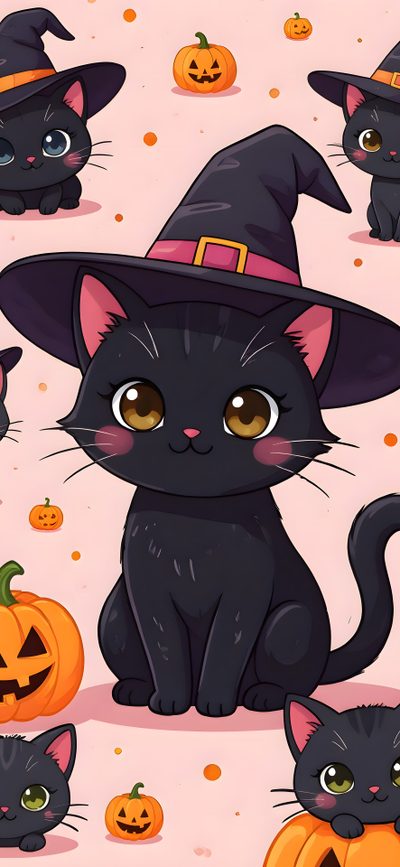 black cats wearing witches hats and pumpkins Halloween Kawaii Cute Black Cat Cute Cat Halloween Cartoon, Kawaii Halloween Halloween Kawaii Cute Black Cat, Cute Halloween Black Cat, sienna