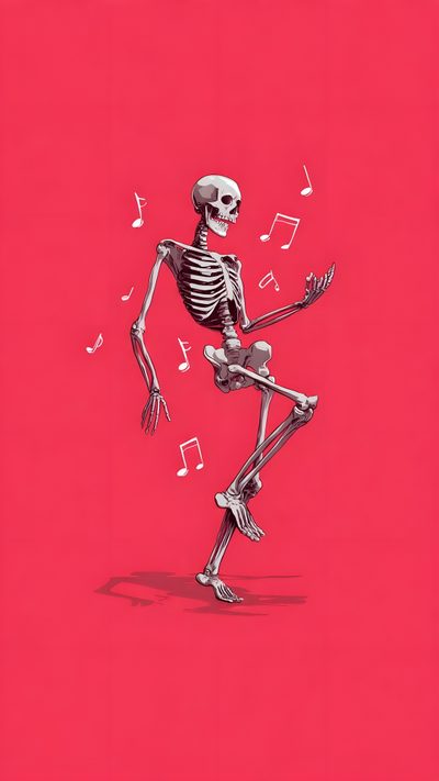 a skeleton dancing with music notes coming out of its back end on a red background Halloween Dance Dancing Skeleton, Skeleton Love, Skeleton Drawings, Skull, Linocut Art, Alien Art, crimson