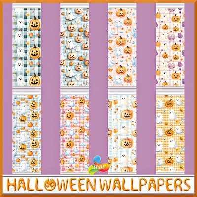 halloween wallpapers with pumpkins and ghost faces on them, all in different colors Halloween Custom By Tinydesigns Halloween, Gallery, Sims 4 Halloween Mural Download, silver