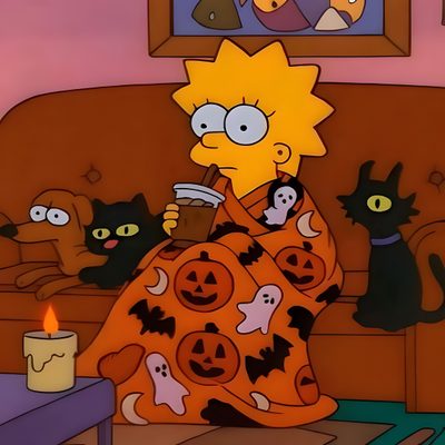 a cartoon character sitting on a couch holding a cup with candles in front of them The Simpsons Halloween Fall Mood Board, Fall Inspo, Spooky Scary, Los Simpson, saddle brown
