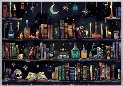 a book shelf filled with lots of books under a sky full of stars and moon Halloween Bookshelf Witchy Laptop Backgrounds, Books Banner, Spooky Desktop Background, Desktop Witchy, black