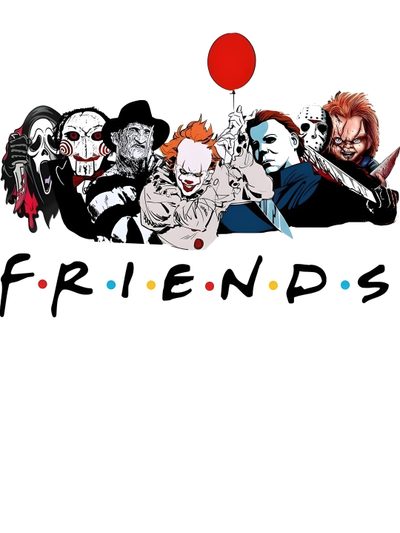 an image of friends with clowns and balloons on the back cover of a cell phone Halloween Horror Friends Spooky Font, Free Handwriting, Scary, Horror Artwork, Halloween Graphics, white