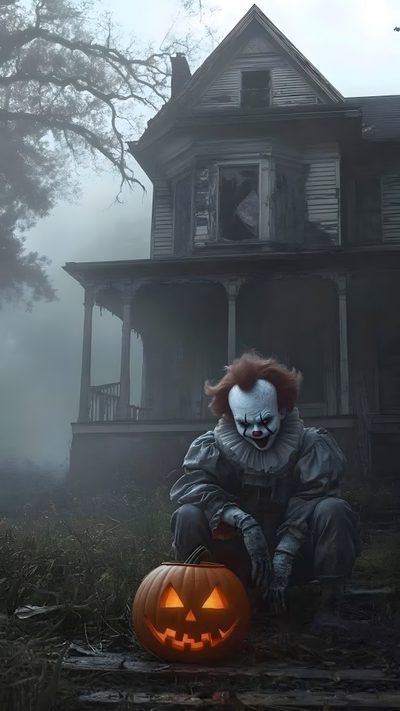 a scary clown sitting on the ground next to a pumpkin Halloween Scary Pennywise Horror Halloween, Scary Halloween Backgrounds, Halloween Scary, dark slate gray